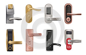 Door handle. Realistic knob and lock with PIN code, biometry and NFC key. Home metallic doorways furniture. Hotel door-handles photo