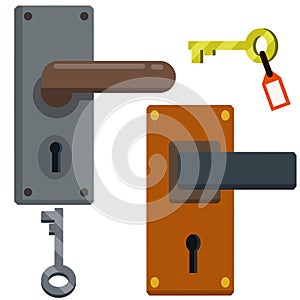 Door handle. Set of Lock and keyhole with a key. Opening and closing. Brown and grey doorway and entrance element