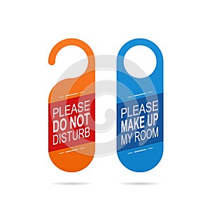 Door hanger tags for room in hotel or resort isolated on white background. Empty door flyer. Do not disturb and Make up