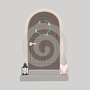 Door with hanging Christmas wreath, gnome, and light. Hand drawn vector illustration.