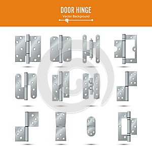 Door Hinge Vector. Set Classic And Industrial Ironmongery Isolated On White Background. Simple Entry Door Metal Hinge photo