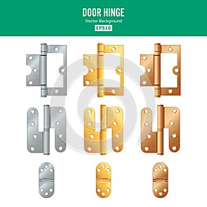 Door Hinge Vector. Set Classic And Industrial Ironmongery Isolated On White Background. Simple Entry Door Metal Hinge photo