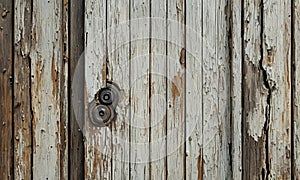 A door with a hole in it is shown with two knobs on the door.