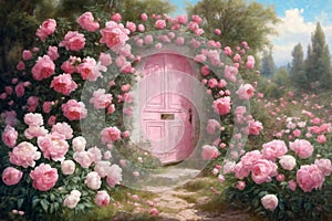 The door of the house and the flowers in front of the door. Pink door, pink wall and plants