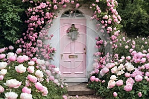 The door of the house and the flowers in front of the door. Pink door, pink wall and plants