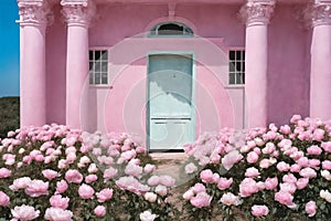 The door of the house and the flowers in front of the door. Pink door, pink wall and plants