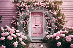 The door of the house and the flowers in front of the door. Pink door, pink wall and plants