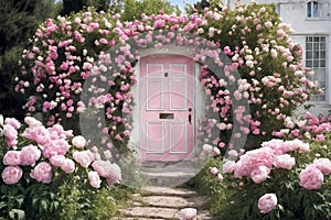 The door of the house and the flowers in front of the door. Pink door, pink wall and plants