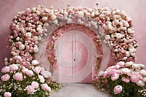 The door of the house and the flowers in front of the door. Pink door, pink wall and plants