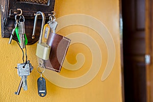 Door, house keys hanging on hooks.