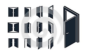 Door icons vector set, flat and 3d dimensional styles symbols.