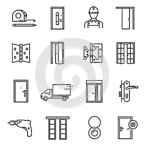 Door installation tools thin line icons set isolated on white. Home repairs, maintenance, improvements. photo