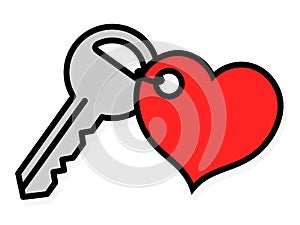 Door key with an attached heart tag