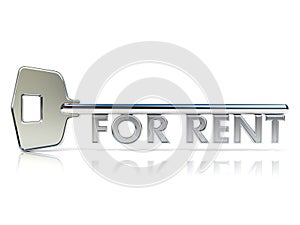 Door key FOR RENT sign. 3D