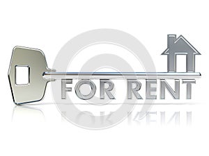 Door key FOR RENT sign. 3D render