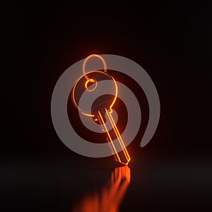 Door key with ring with bright glowing futuristic orange neon lights on black background