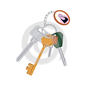 Door key ring, chain with hanging bunch and photo locket, pendant. Keychain, keyring. Apartment, room, house locking and