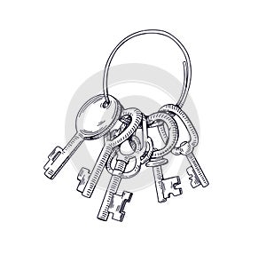 Door keys bunch bundle attached to ring. Engraved drawing of keyring, holder drawn in retro vintage style. Contoured