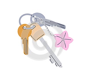 Door keys bunch hanging on keyring, keyholder. Keychain, ring with star trinket, pendant, home apartment, room and