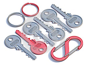 Door keys, key rings and carabiner 3D