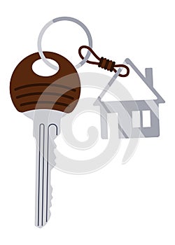 Door keys keyfob. Ring with trinket, keychains plastic tag hanging on keyring. House, apartment or room locking