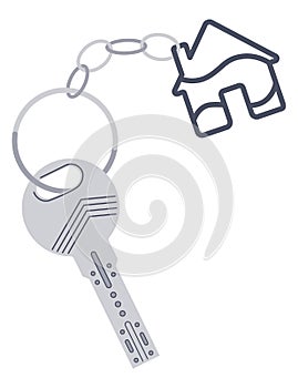 Door keys keyfob. Ring with trinket, keychains plastic tag hanging on keyring. House, apartment or room locking