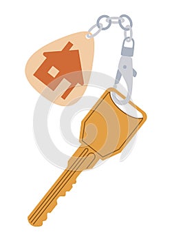 Door keys keyfob. Ring with trinket, keychains plastic tag hanging on keyring. House, apartment or room locking photo