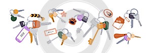 Door keys on rings with keychains, tags, fobs for locking house. Different trinkets, pendants hanging on keyrings