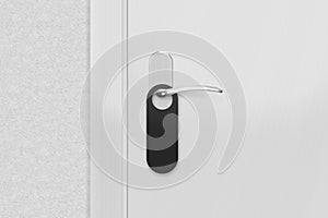 Door knob with blank black doorhanger mock up, 3d illustration