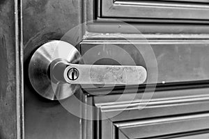Door knob handle dirty cumulative with bacteria, Germ or virus spreading on public surface.
