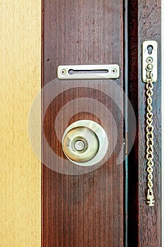 Door knob on wood door background