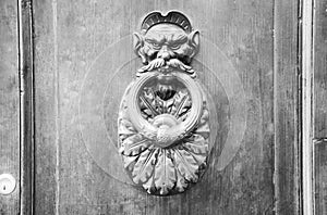 Door Knockers on a door, Siena, Tuscany, Italy (black and White)