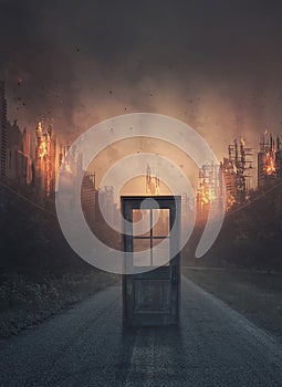 Door leading to a burning city