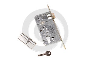 Door lock element with key and key hole, isolated on white background