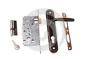 Door lock element with key, key mechanism and door handle, isolated on white background