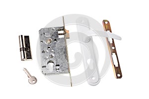 Door lock element with key, key mechanism and white door handle, isolated on white background