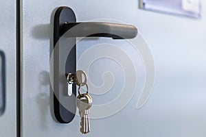 Door lock keys, Real estate concept door handle, Key insert and hold in metallic knob on white door horizontal