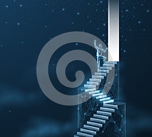 Door and man on the top of ladder. Digital success, succeed path, accomplish mission, digital transformation