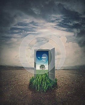 A door in the middle of a dry land leading to a green field. Environmental and climate change concept. The future of global