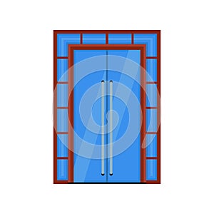 Door mirror vector icon interior frame blue glass. Cartoon inside flat architecture closed entrance. Office transparent exit