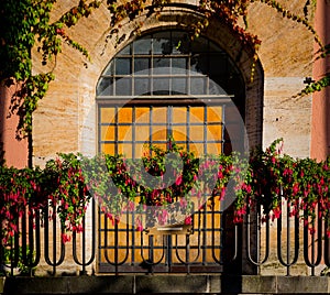 Door of old building in Dachau, Germany surrounded by red flowers.CR2