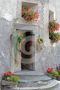 DOOR OF AN OLD HOUSE WITH COLORFUL FLOWERS IN ITALY