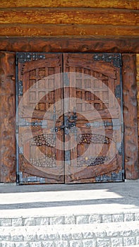 door. old wooden Front Door of a Traditional European Town House. Big Double Arch Door