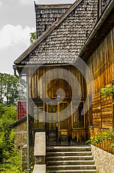 The door of one wooden house of abandoned sanatorium in Ukrainian Carpathian