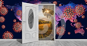 Door open to new better world after Coronavirus COVID-19. Hope for the future concept. 3D illustration