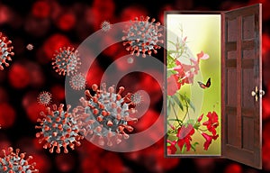 Door open to new better world after Coronavirus COVID-19. Hope for the future concept. 3D illustration