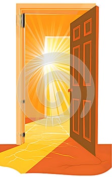 A door is open to a room with a bright yellow sun shining through it generated by AI