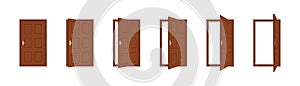 Door open. Wooden close door in house or office. Set of cartoon doorway in front with frame and handle. Animation wood interior