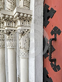 Door and pillars of the greek church in debrecen hungary