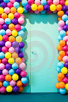 Door room with colorful balloons - concept of celebration, party, happy birthday